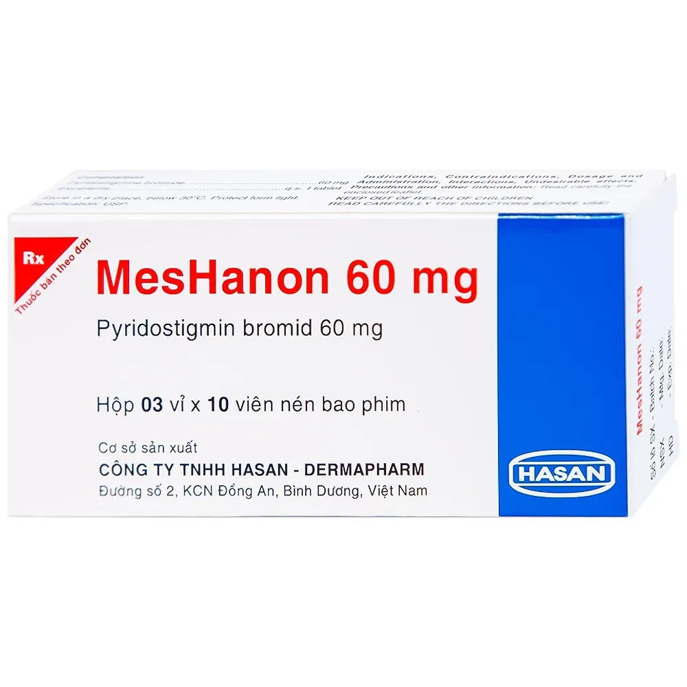 Hình ảnh Viên nén MesHanon 60mg Hasan điều trị nhược cơ, tắt ruột do liệt ruột và bí tiểu sau phẫu thuật (3 vỉ x 10 viên)