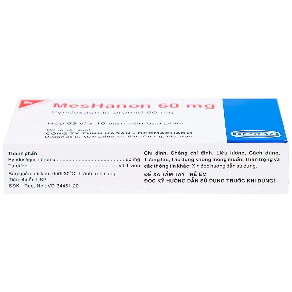 Hình ảnh Viên nén MesHanon 60mg Hasan điều trị nhược cơ, tắt ruột do liệt ruột và bí tiểu sau phẫu thuật (3 vỉ x 10 viên)
