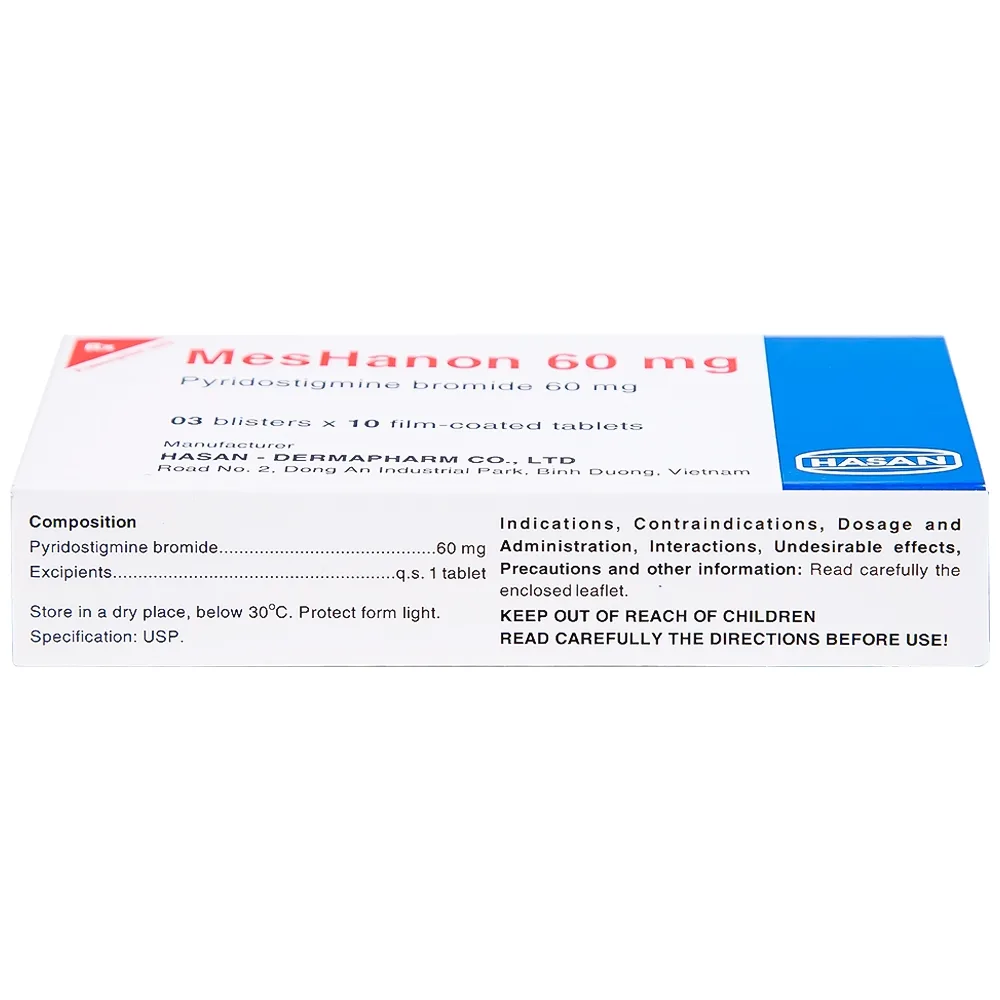 Hình ảnh Viên nén MesHanon 60mg Hasan điều trị nhược cơ, tắt ruột do liệt ruột và bí tiểu sau phẫu thuật (3 vỉ x 10 viên)