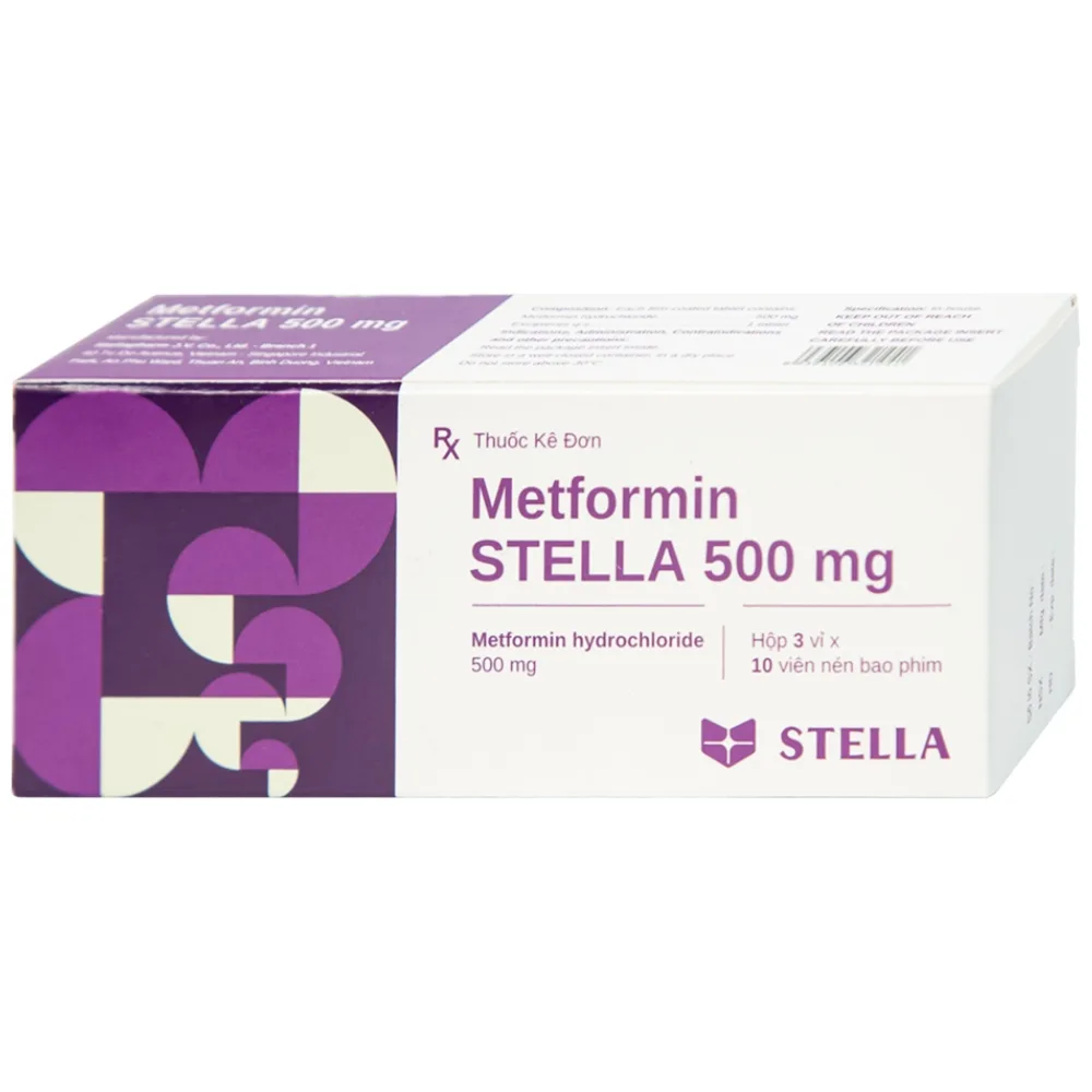 Hình ảnh Viên nén Metformin Stella 500mg điều trị bệnh đái tháo đường típ 2 (3 vỉ x 10 viên)