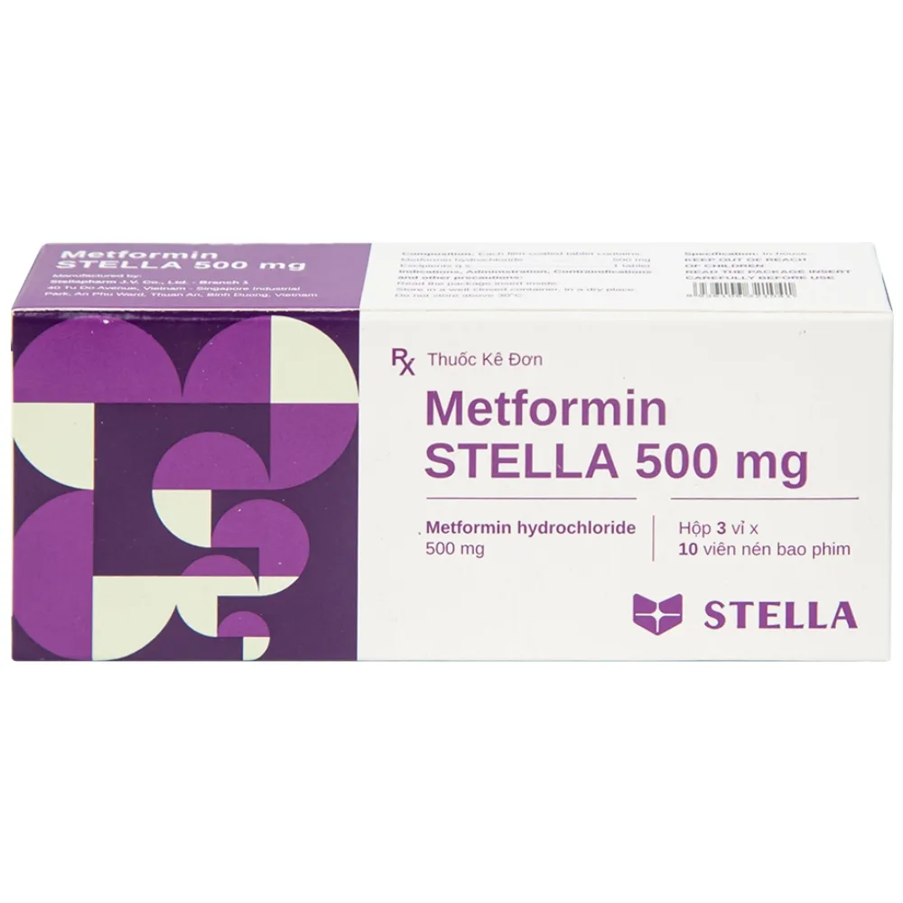 Hình ảnh Viên nén Metformin Stella 500mg điều trị bệnh đái tháo đường típ 2 (3 vỉ x 10 viên)
