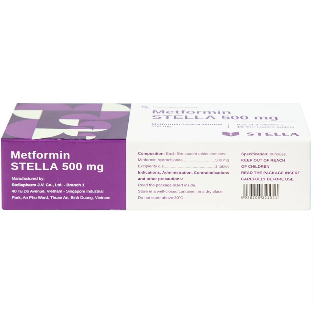 Hình ảnh Viên nén Metformin Stella 500mg điều trị bệnh đái tháo đường típ 2 (3 vỉ x 10 viên)