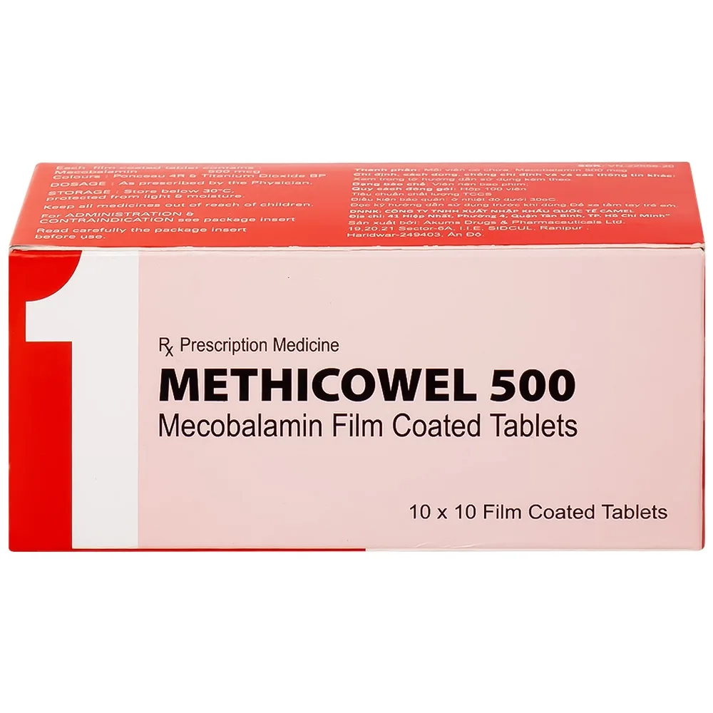 Hình ảnh Thuốc Methicowel 500 Akums điều trị các bệnh lý thần kinh ngoại biên, thiếu máu hồng cầu to (10 vỉ x 10 viên)