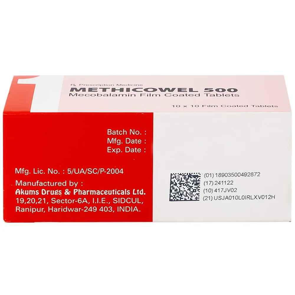 Hình ảnh Thuốc Methicowel 500 Akums điều trị các bệnh lý thần kinh ngoại biên, thiếu máu hồng cầu to (10 vỉ x 10 viên)