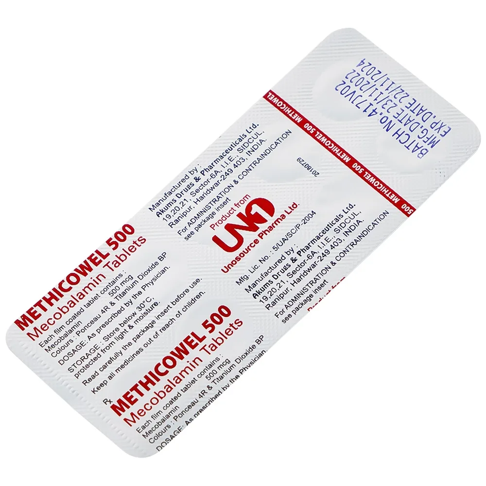 Hình ảnh Thuốc Methicowel 500 Akums điều trị các bệnh lý thần kinh ngoại biên, thiếu máu hồng cầu to (10 vỉ x 10 viên)