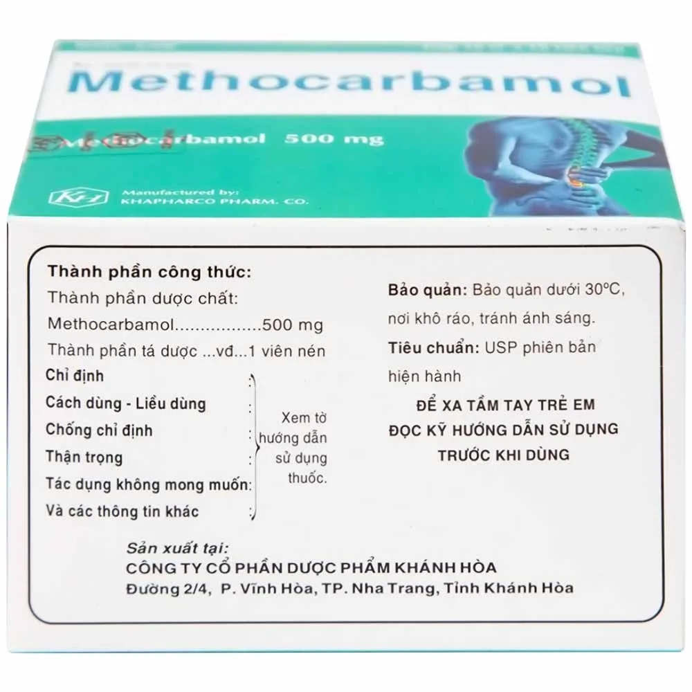 Hình ảnh Viên nén Methocarbamol 500mg Khapharco điều trị ngắn hạn cơn đau, co thắt cơ, bong gân (10 vỉ x 10 viên)