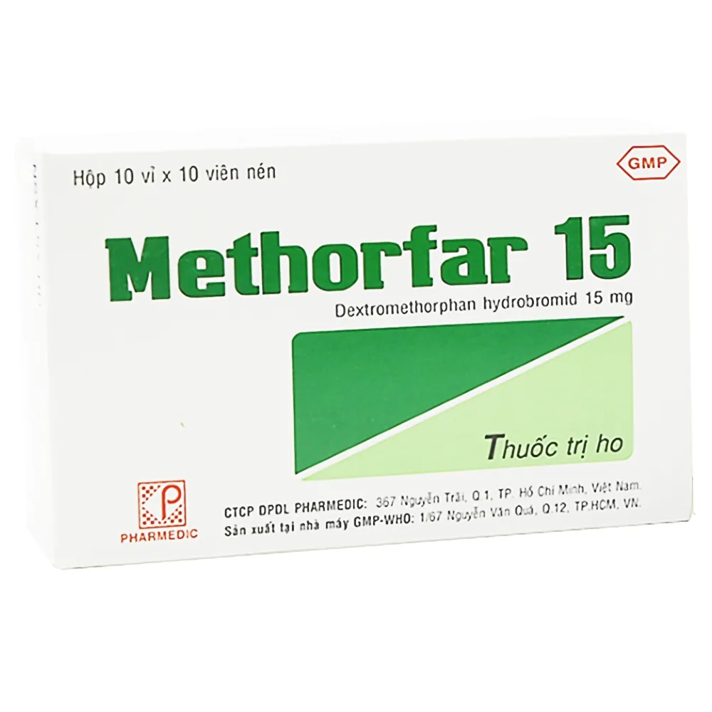 Hình ảnh Thuốc trị ho Methorfar 15 Pharmedic dùng cho cảm lạnh, ho không đờm (10 vỉ x 10 viên)