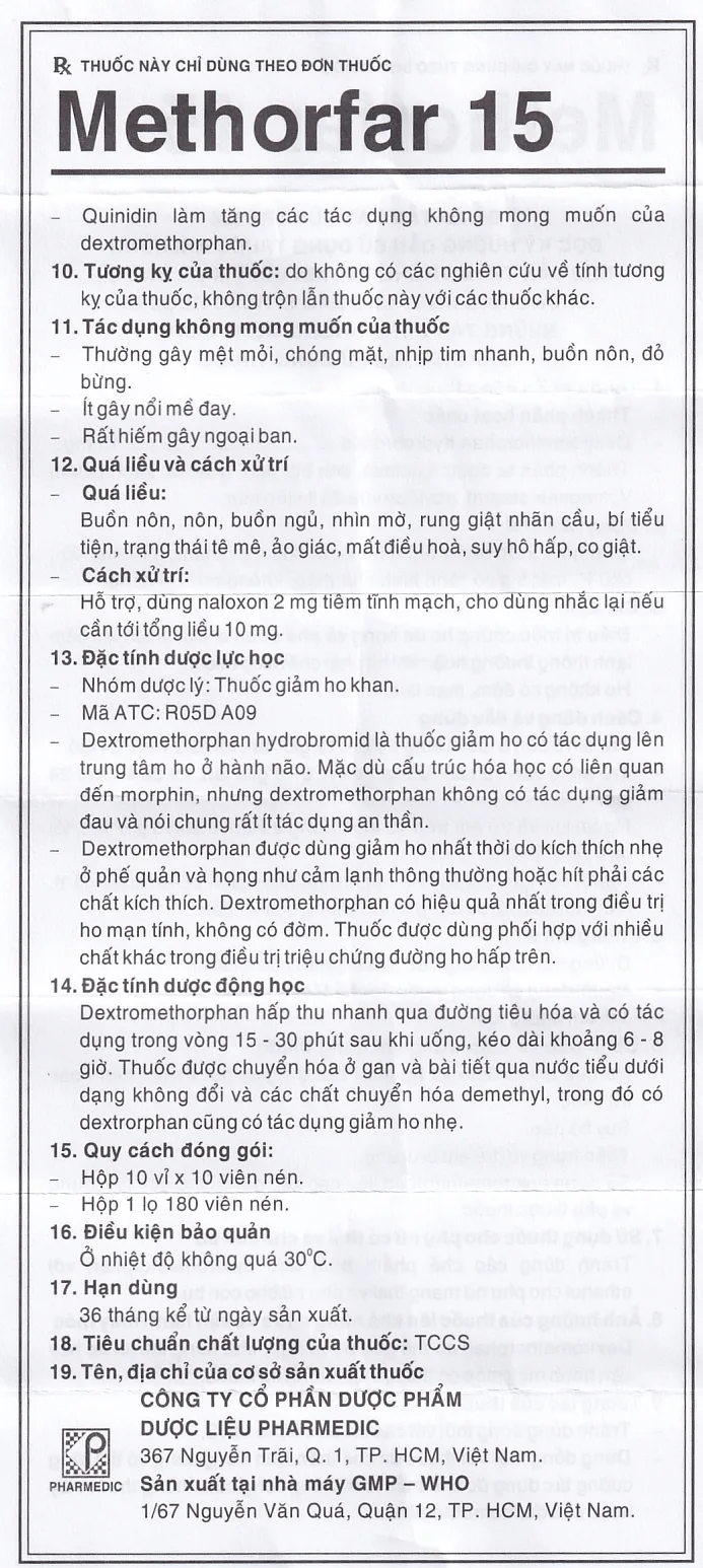 Hình ảnh Thuốc trị ho Methorfar 15 Pharmedic dùng cho cảm lạnh, ho không đờm (10 vỉ x 10 viên)