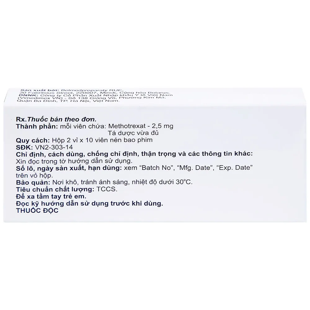 Hình ảnh Thuốc Methotrexate Belmed 2.5mg điều trị bệnh vẩy nến, viêm khớp vảy nến, viêm khớp dạng thấp (20 viên)