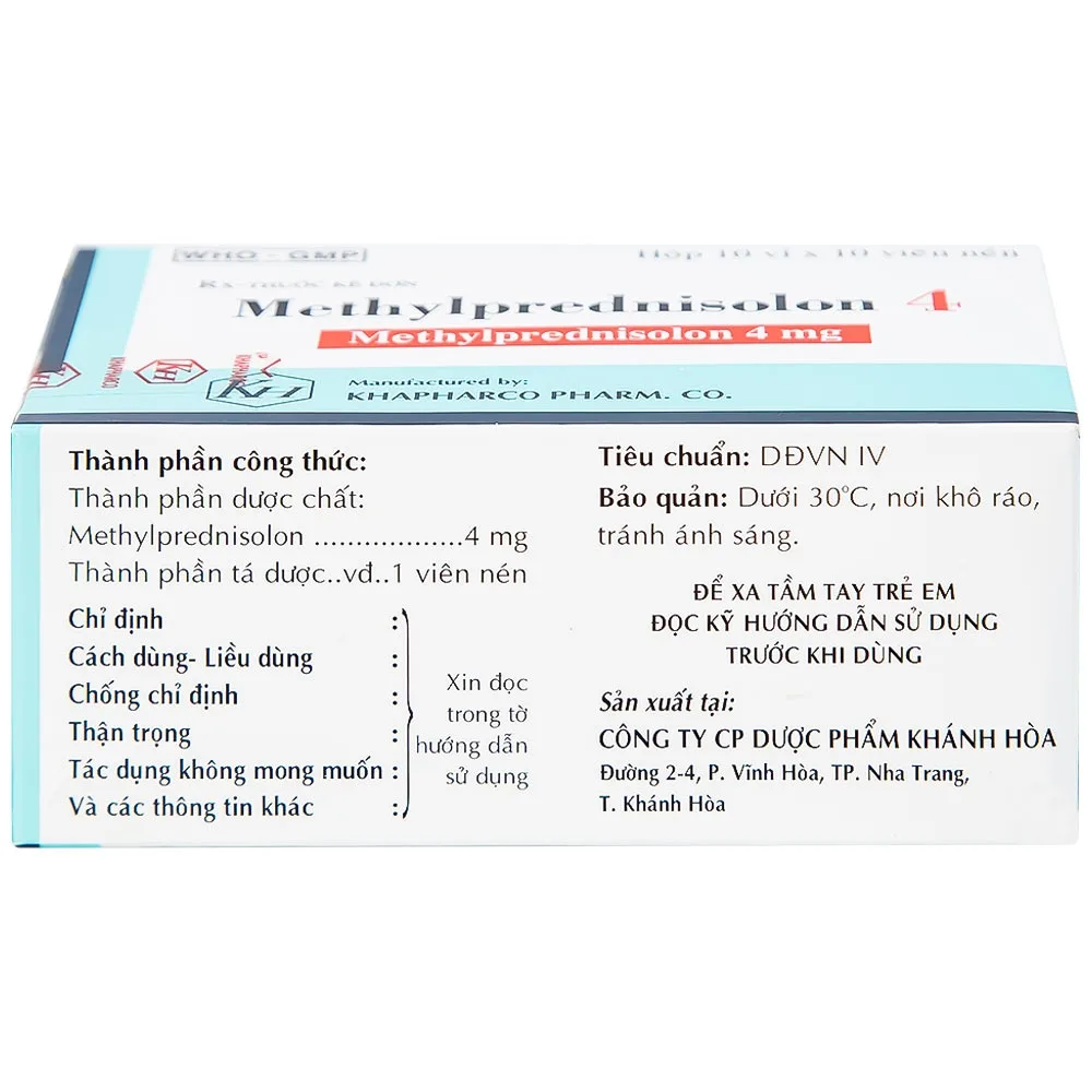 Hình ảnh Thuốc Methylprednisolon 4 Khapharco kháng viêm, điều trị viêm khớp dạng thấp, lupus ban đỏ hệ thống (10 vỉ x 10 viên)