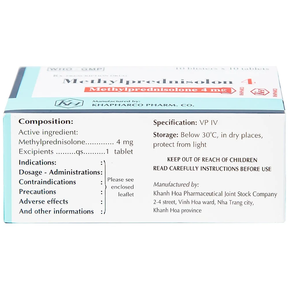 Hình ảnh Thuốc Methylprednisolon 4 Khapharco kháng viêm, điều trị viêm khớp dạng thấp, lupus ban đỏ hệ thống (10 vỉ x 10 viên)