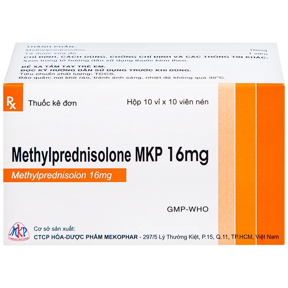 Hình ảnh Thuốc Methylprednisolone MKP 16mg Mekophar kháng viêm, điều trị rối loạn nội tiết, viêm khớp (10 vỉ x 10 viên)