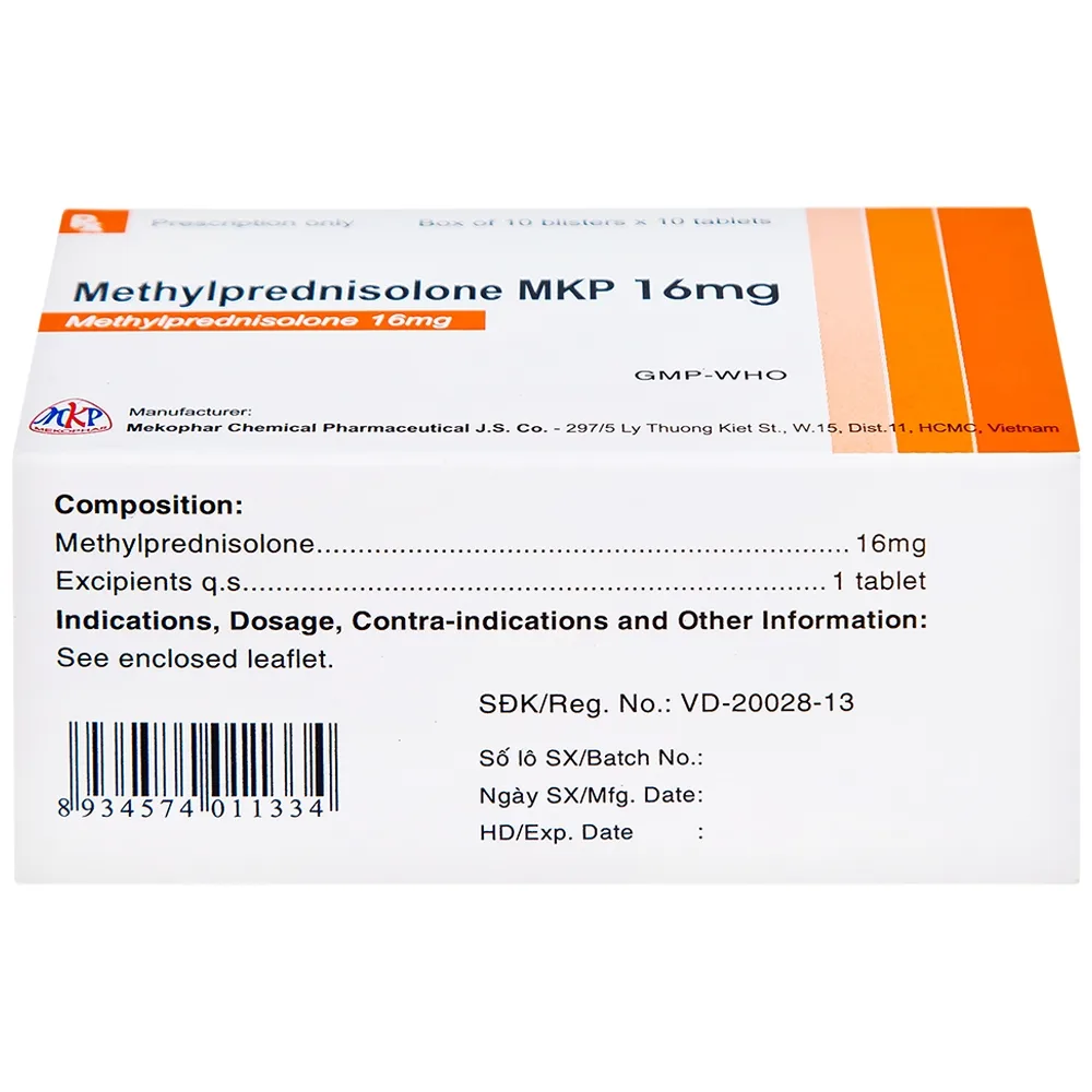 Hình ảnh Thuốc Methylprednisolone MKP 16mg Mekophar kháng viêm, điều trị rối loạn nội tiết, viêm khớp (10 vỉ x 10 viên)