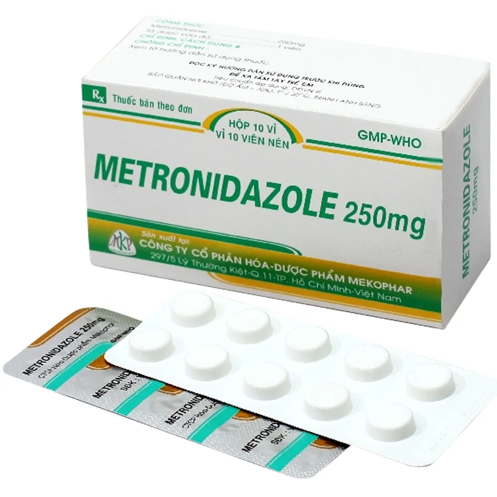 Hình ảnh Viên nén Metronidazole 250mg Mekophar điều trị viêm nhiễm đường niệu sinh dục, bệnh do amip (10 vỉ x 10 viên)