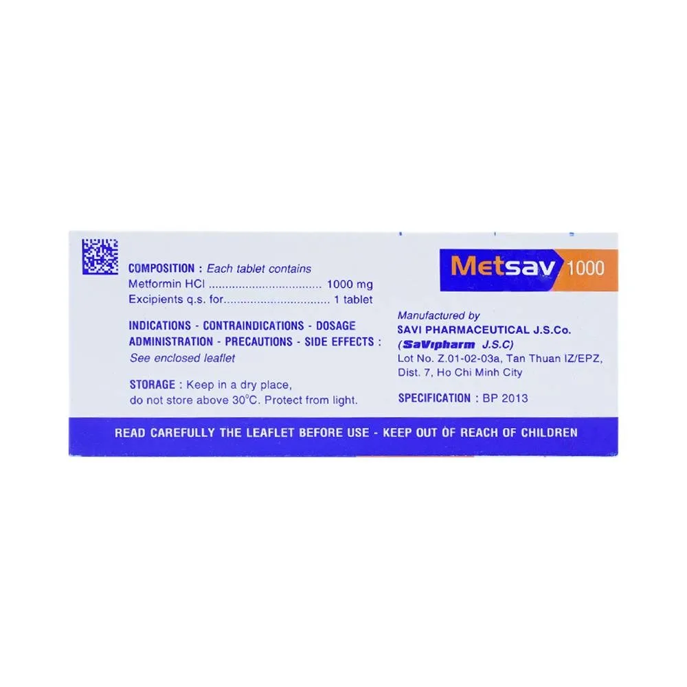 Hình ảnh Viên nén Metsav 1000 Savi điều trị bệnh đái tháo đường típ 2 (10 vỉ x 10 viên) 