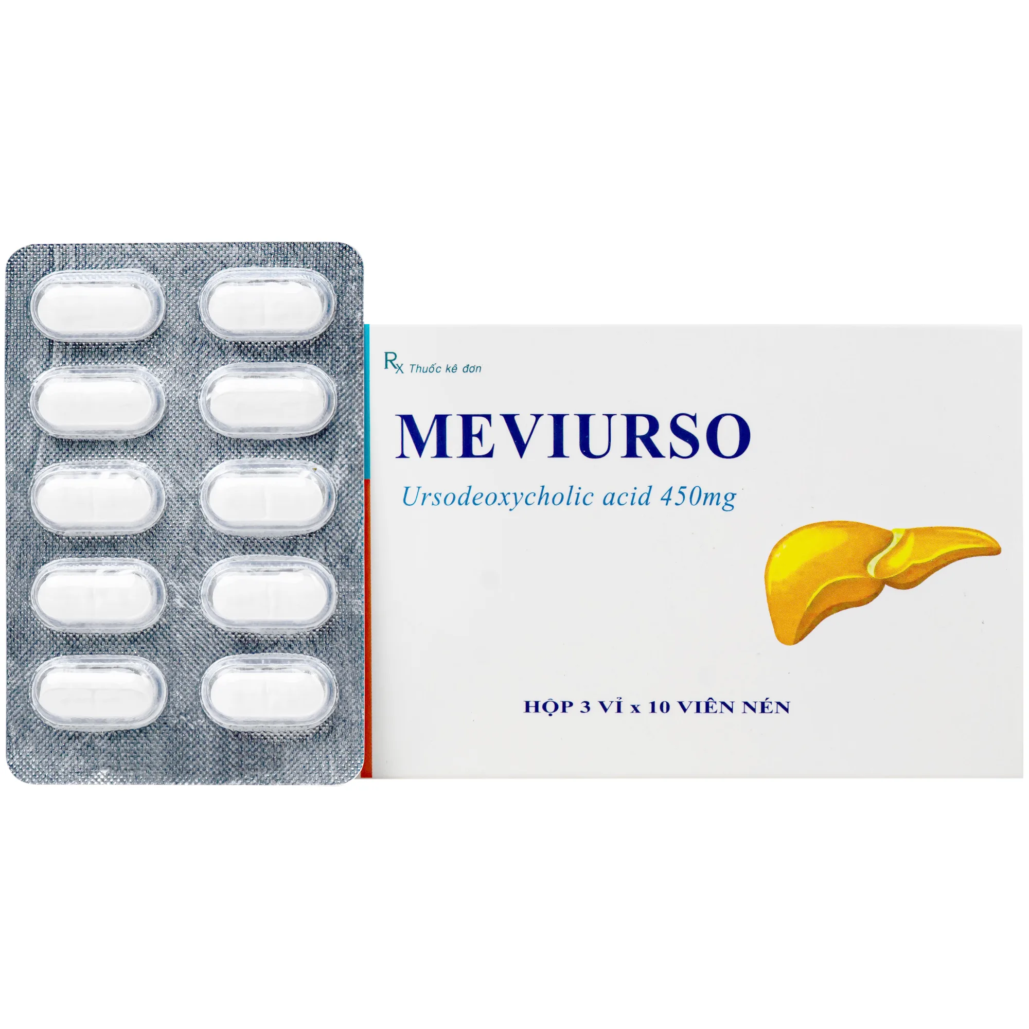 Hình ảnh Thuốc Meviurso 450mg Hà Nam dùng để hòa tan sỏi cholesterol, viêm đường mật nguyên phát (3 vỉ x 10 viên)