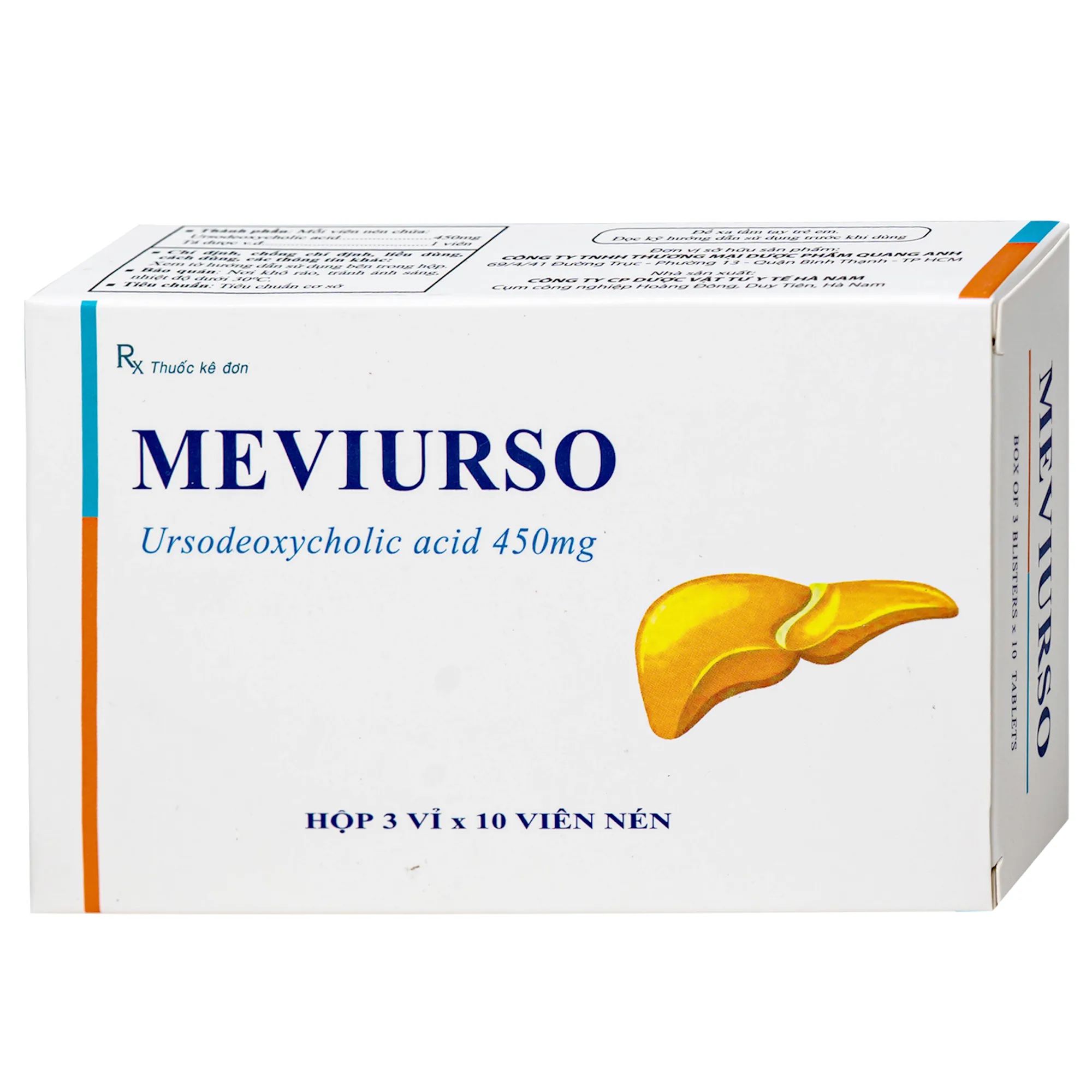 Hình ảnh Thuốc Meviurso 450mg Hà Nam dùng để hòa tan sỏi cholesterol, viêm đường mật nguyên phát (3 vỉ x 10 viên)