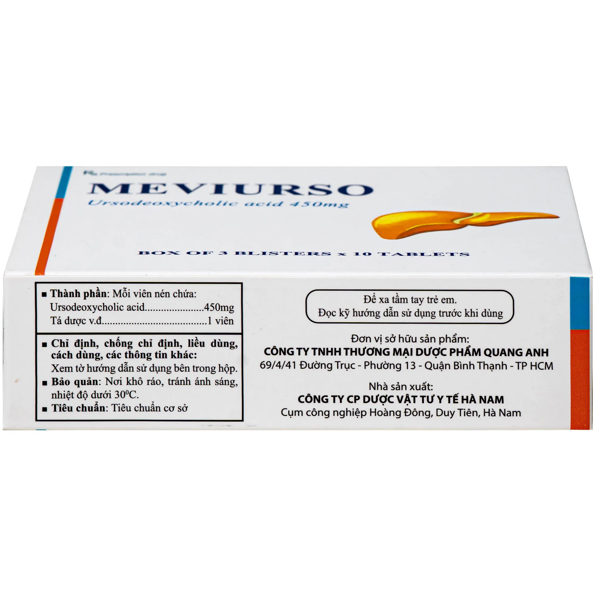 Hình ảnh Thuốc Meviurso 450mg Hà Nam dùng để hòa tan sỏi cholesterol, viêm đường mật nguyên phát (3 vỉ x 10 viên)