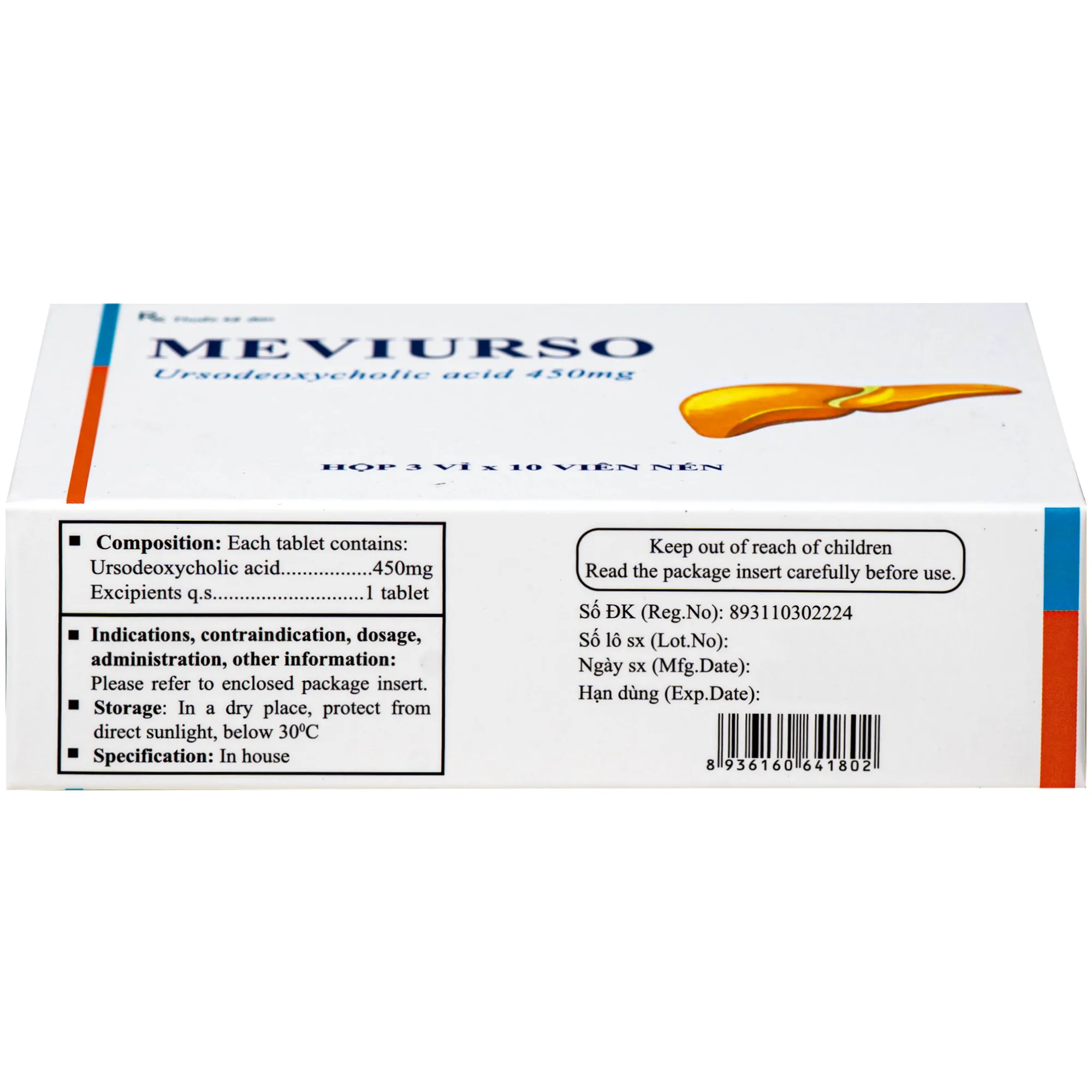 Hình ảnh Thuốc Meviurso 450mg Hà Nam dùng để hòa tan sỏi cholesterol, viêm đường mật nguyên phát (3 vỉ x 10 viên)
