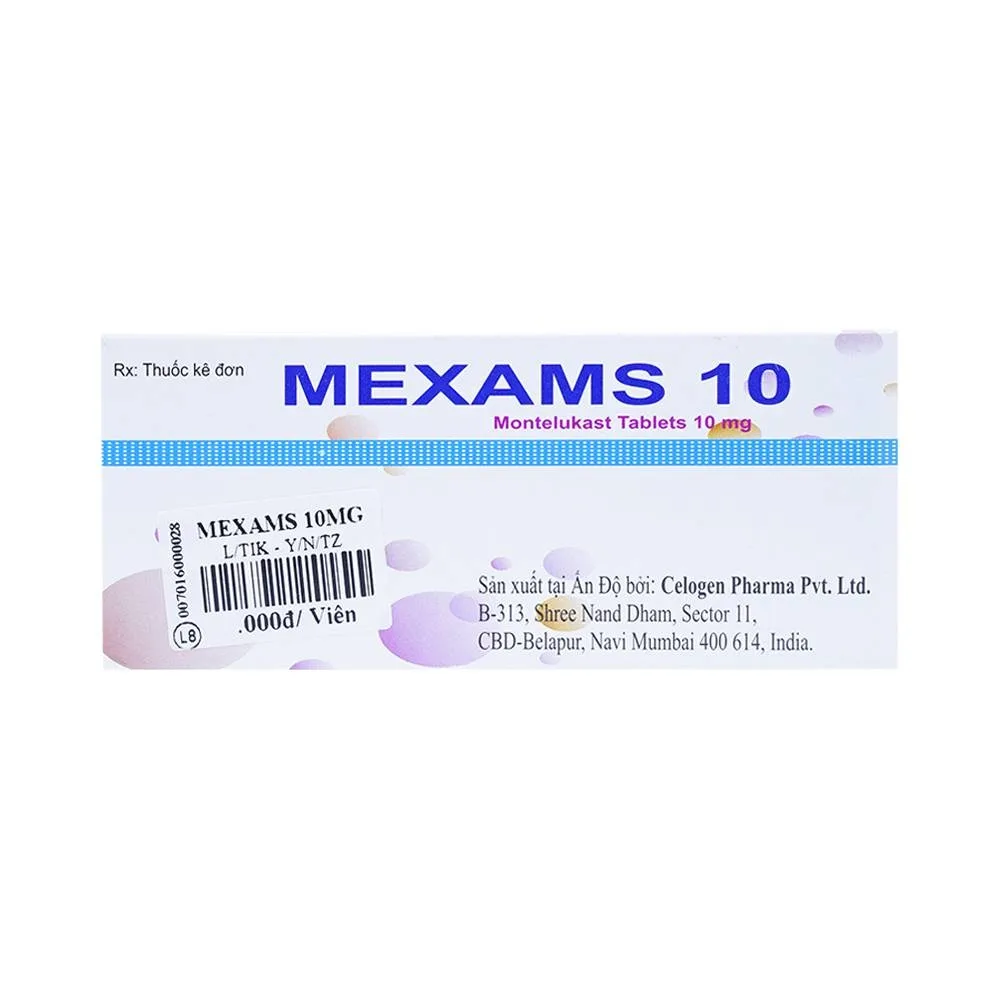 Hình ảnh Viên nén Mexams 10 Celogen Pharma điều trị hen, viêm mũi dị ứng theo mùa (3 vỉ x 10 viên)