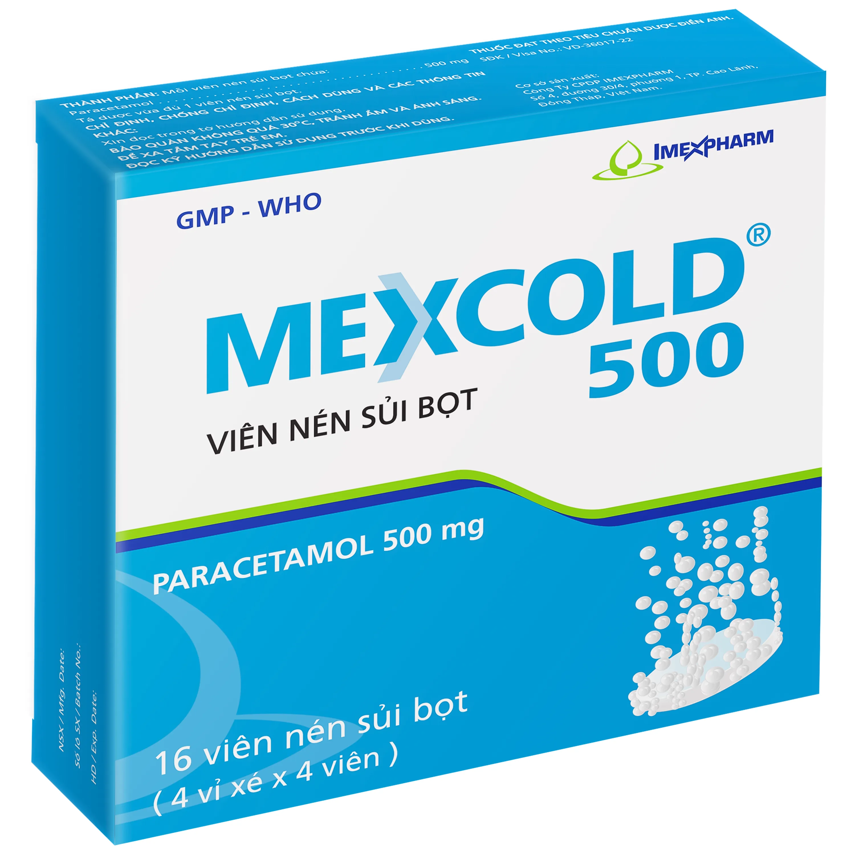 Hình ảnh Thuốc Mexcold 500mg Imexpharm điều trị các chứng đau và sốt từ nhẹ đến vừa (4 vỉ 4 viên)