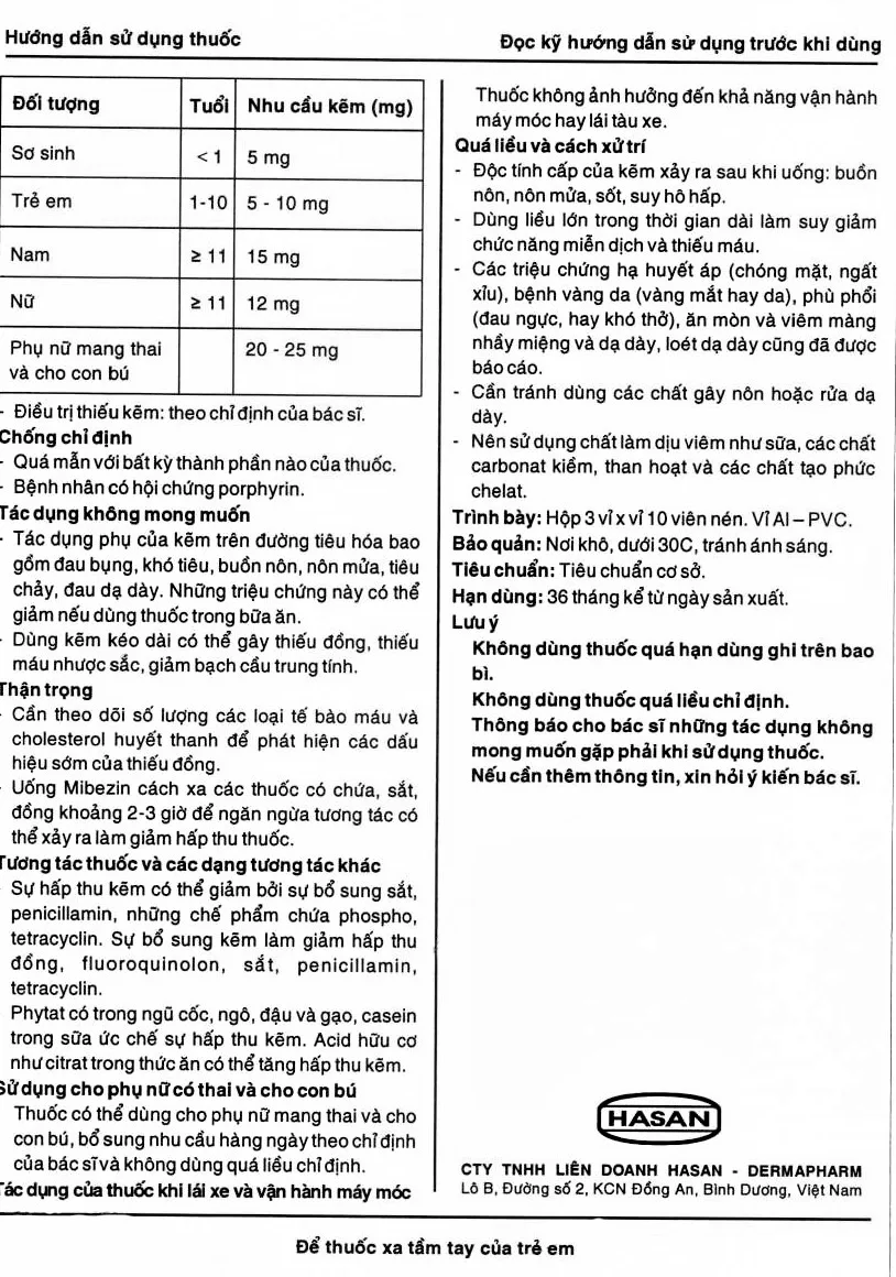 Hình ảnh Viên nén Mibezin 15mg Hasan điều trị tiêu chảy, bổ sung kẽm (3 vỉ x 10 viên)
