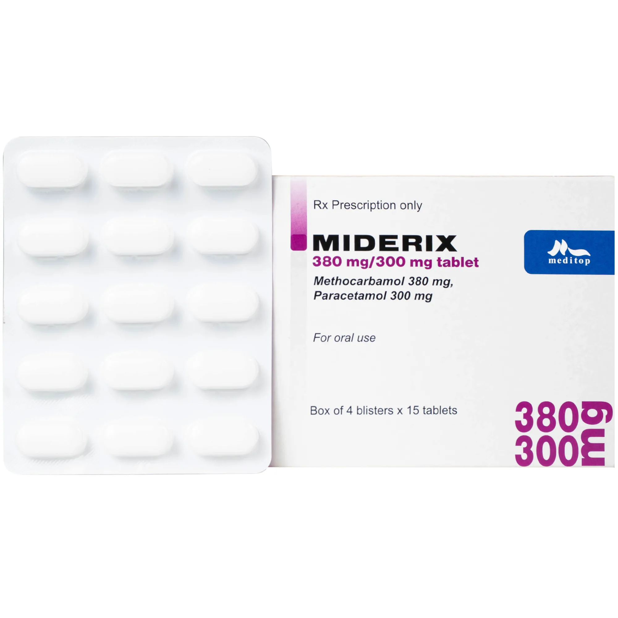 Hình ảnh Thuốc Miderix 380mg/300mg Meditop điều trị triệu chứng đau do co thắt cơ trong các rối loạn cơ xương cấp tính (4 vỉ x 15 viên)