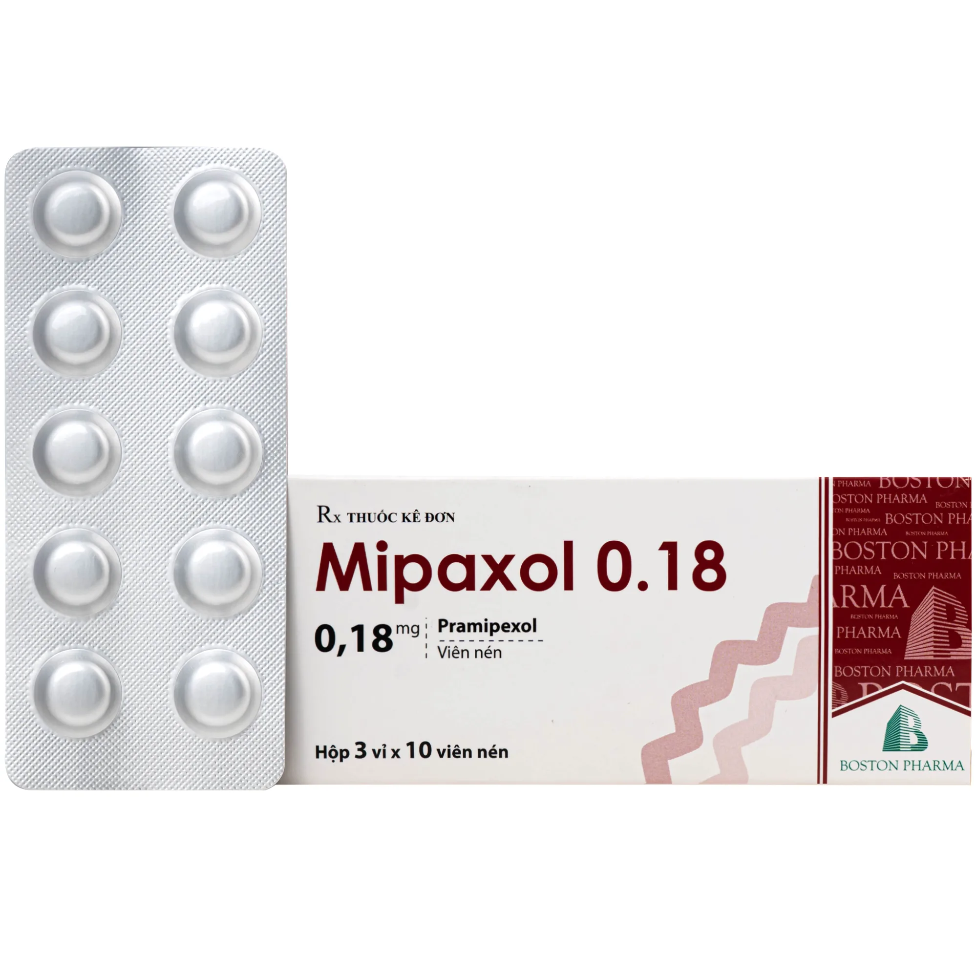 Hình ảnh Thuốc Mipaxol 0.18mg Boston điều trị các dấu hiệu và triệu chứng của bệnh Parkinson (3 vỉ x 10 viên)