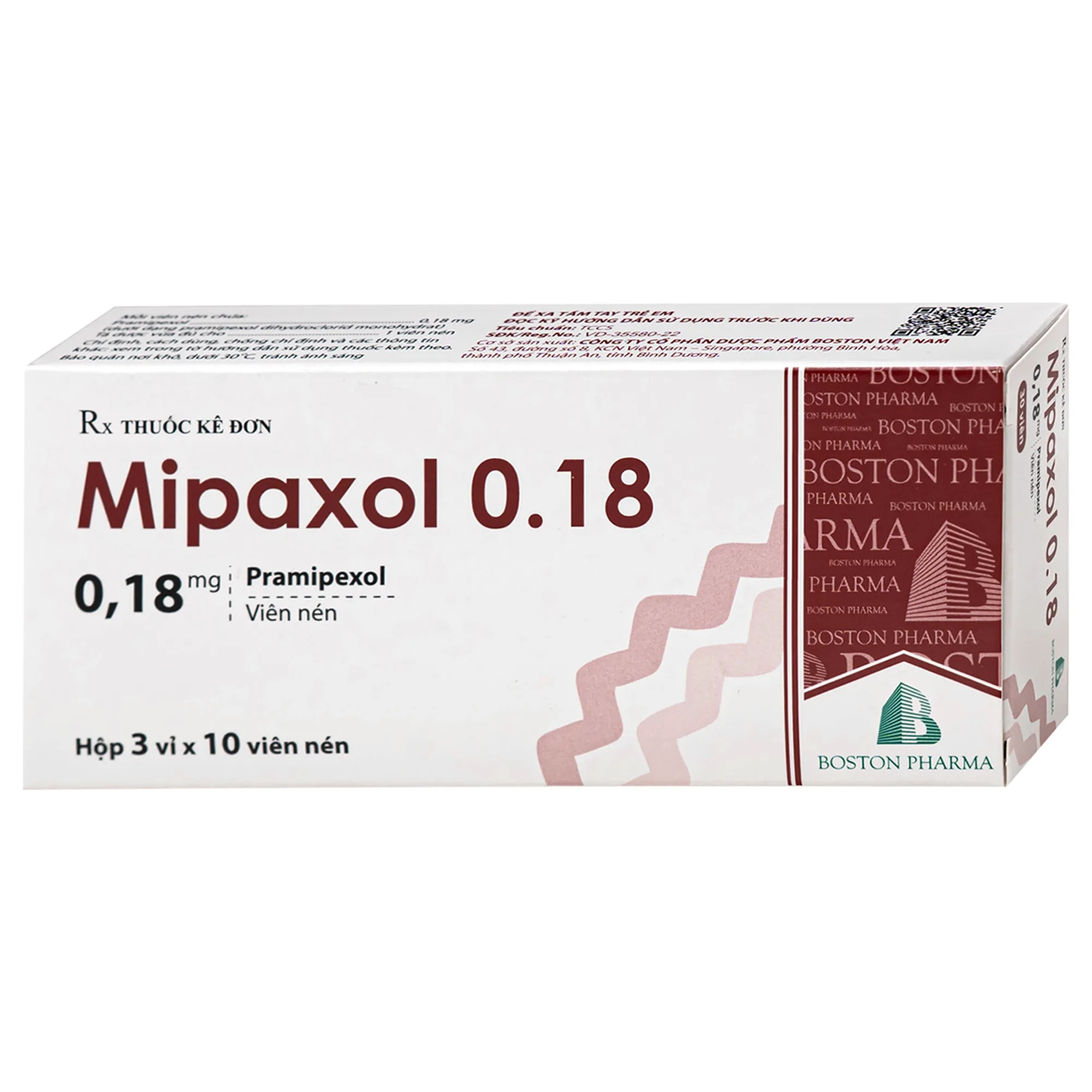 Hình ảnh Thuốc Mipaxol  0.18mg Boston điều trị các dấu hiệu và triệu chứng của bệnh Parkinson (3 vỉ x 10 viên)
