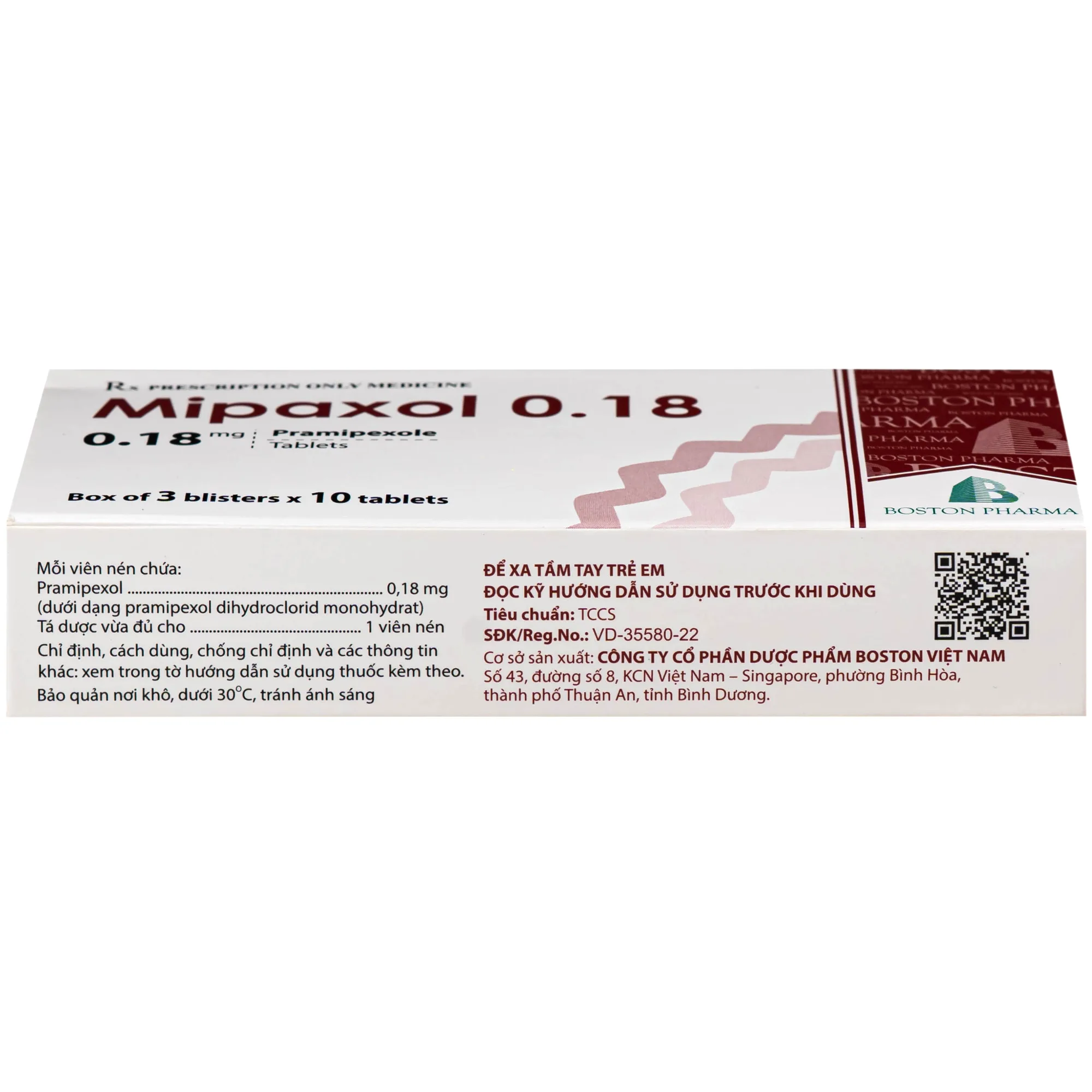 Hình ảnh Thuốc Mipaxol  0.18mg Boston điều trị các dấu hiệu và triệu chứng của bệnh Parkinson (3 vỉ x 10 viên)