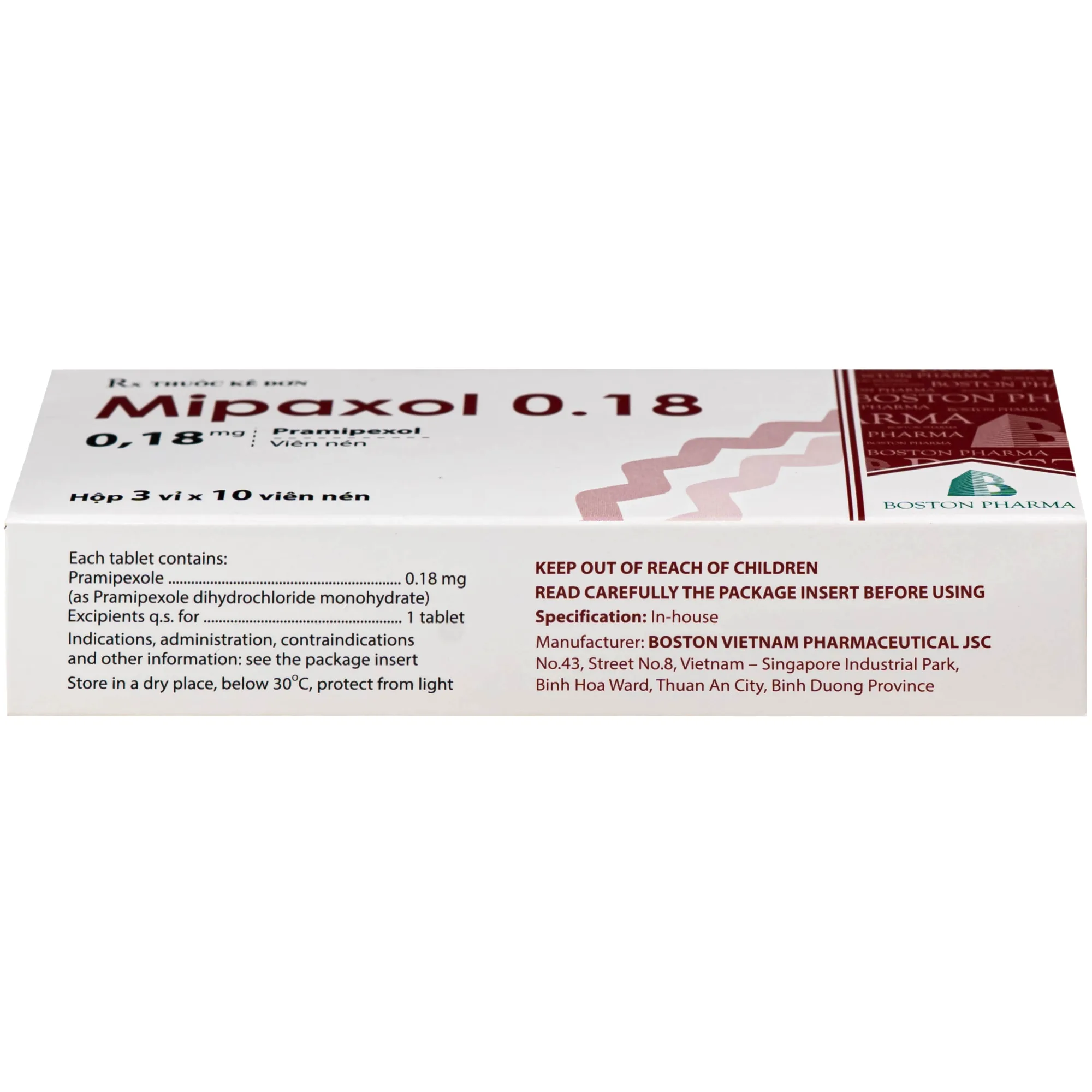 Hình ảnh Thuốc Mipaxol  0.18mg Boston điều trị các dấu hiệu và triệu chứng của bệnh Parkinson (3 vỉ x 10 viên)