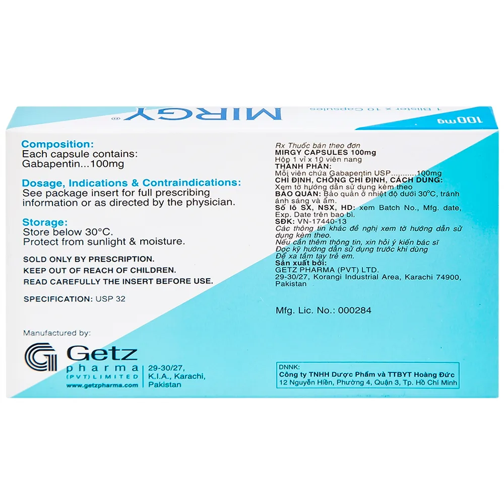 Hình ảnh Viên nang cứng Mirgy 100mg Getz điều trị đau thần kinh, động kinh (1 vỉ x 10 viên)