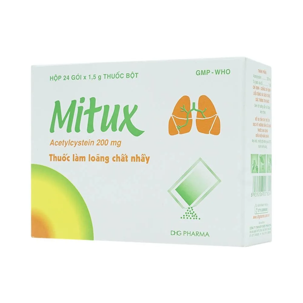 Hình ảnh Thuốc bột uống Mitux 200mg DHG Pharma làm loãng chất nhầy đường hô hấp (24 gói x 1,5g)    	