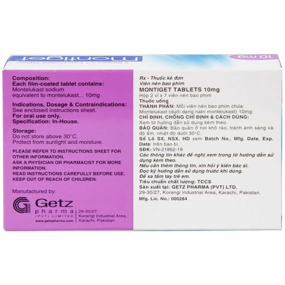 Hình ảnh Viên nén Montiget 10mg Getz phòng và điều trị suyễn mạn tính (2 vỉ x 7 viên)