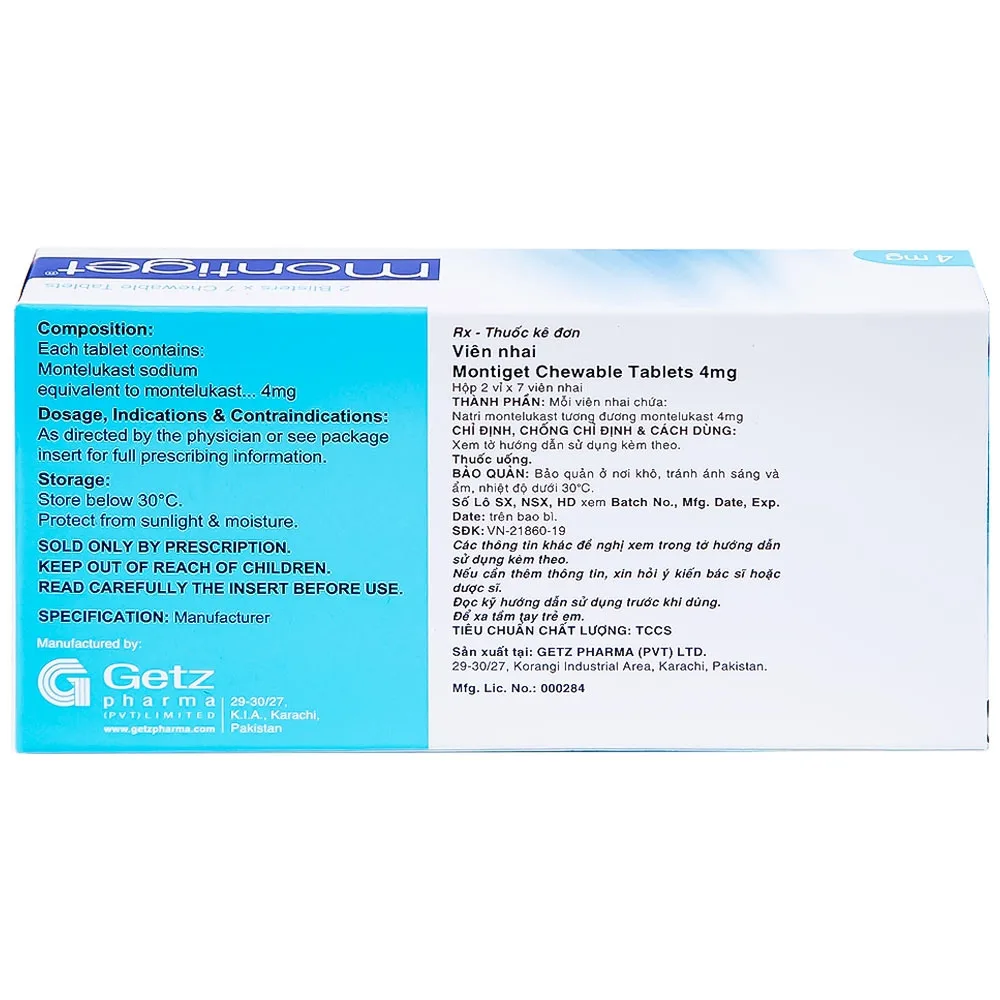 Hình ảnh Thuốc Montiget 4mg Getz điều trị hen phế quản mạn tính (2 vỉ x 7 viên)