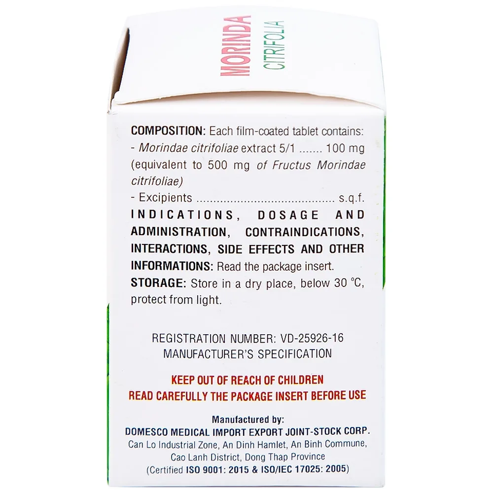 Hình ảnh Thuốc Morinda Citrifolia Domesco điều trị đau nhức, sưng khớp, tăng huyết áp (50 viên) 