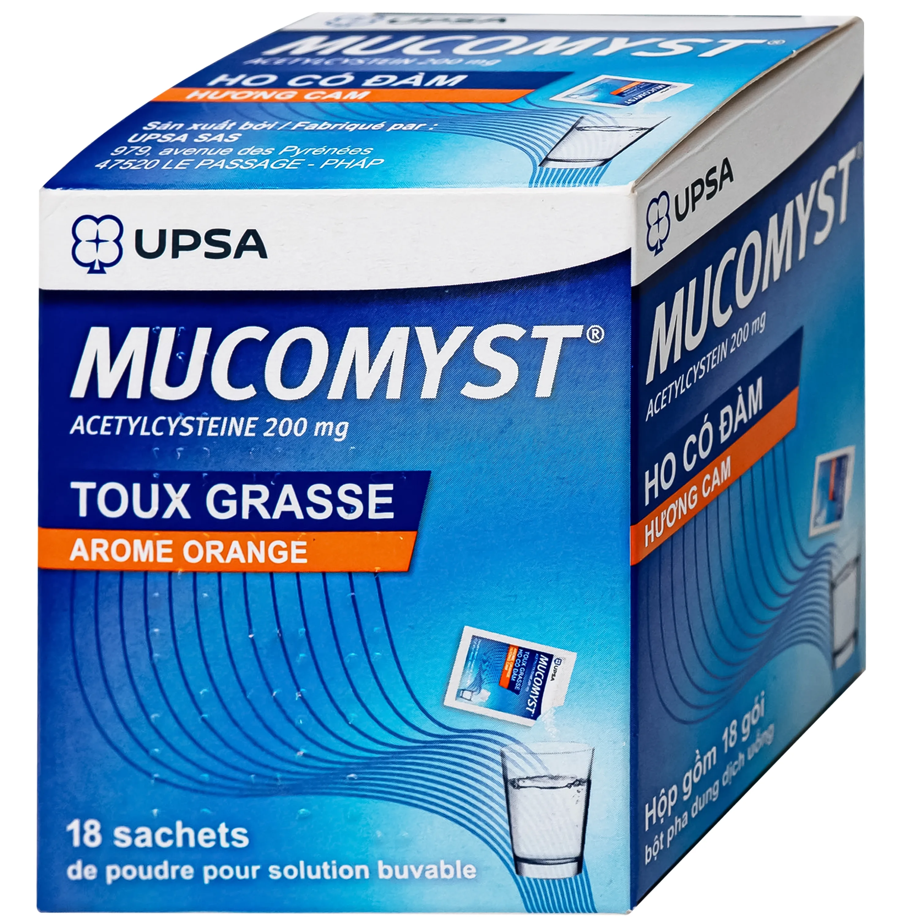 Hình ảnh Thuốc Mucomyst 200mg UPSA điều trị ho có đờm, giúp long đờm và tiêu nhầy (18 gói)