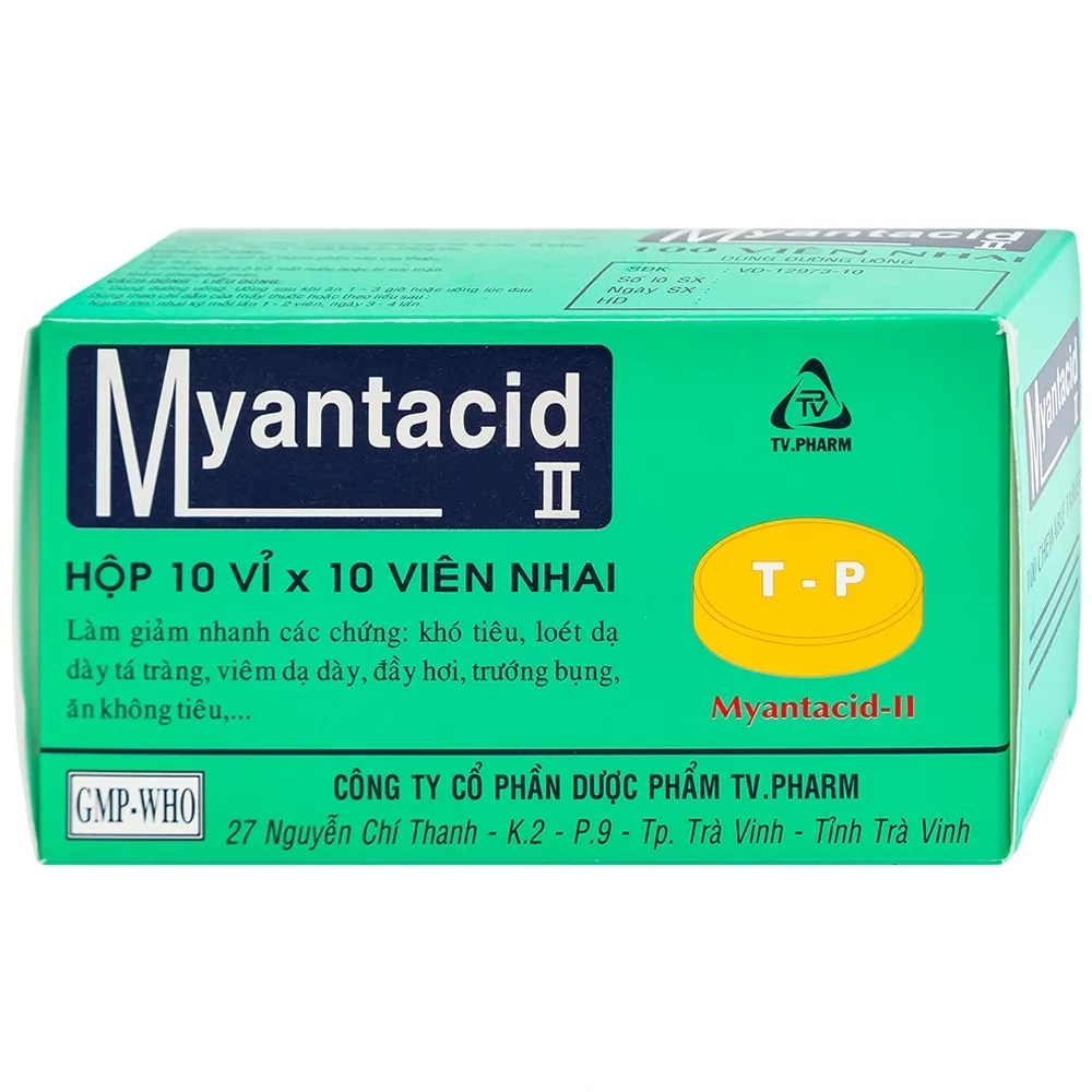 Hình ảnh Viên nhai Myantacid-II TV.Pharm điều trị loét dạ dày - tá tràng, viêm dạ dày (10 vỉ x 10 viên)