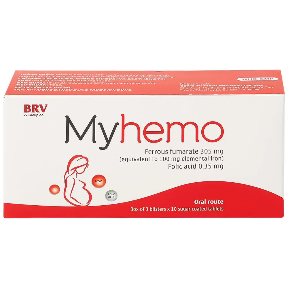 Hình ảnh Thuốc Myhemo BRV điều trị dự phòng thiếu sắt và folic acid trong khi mang thai (3 vỉ x 10 viên)