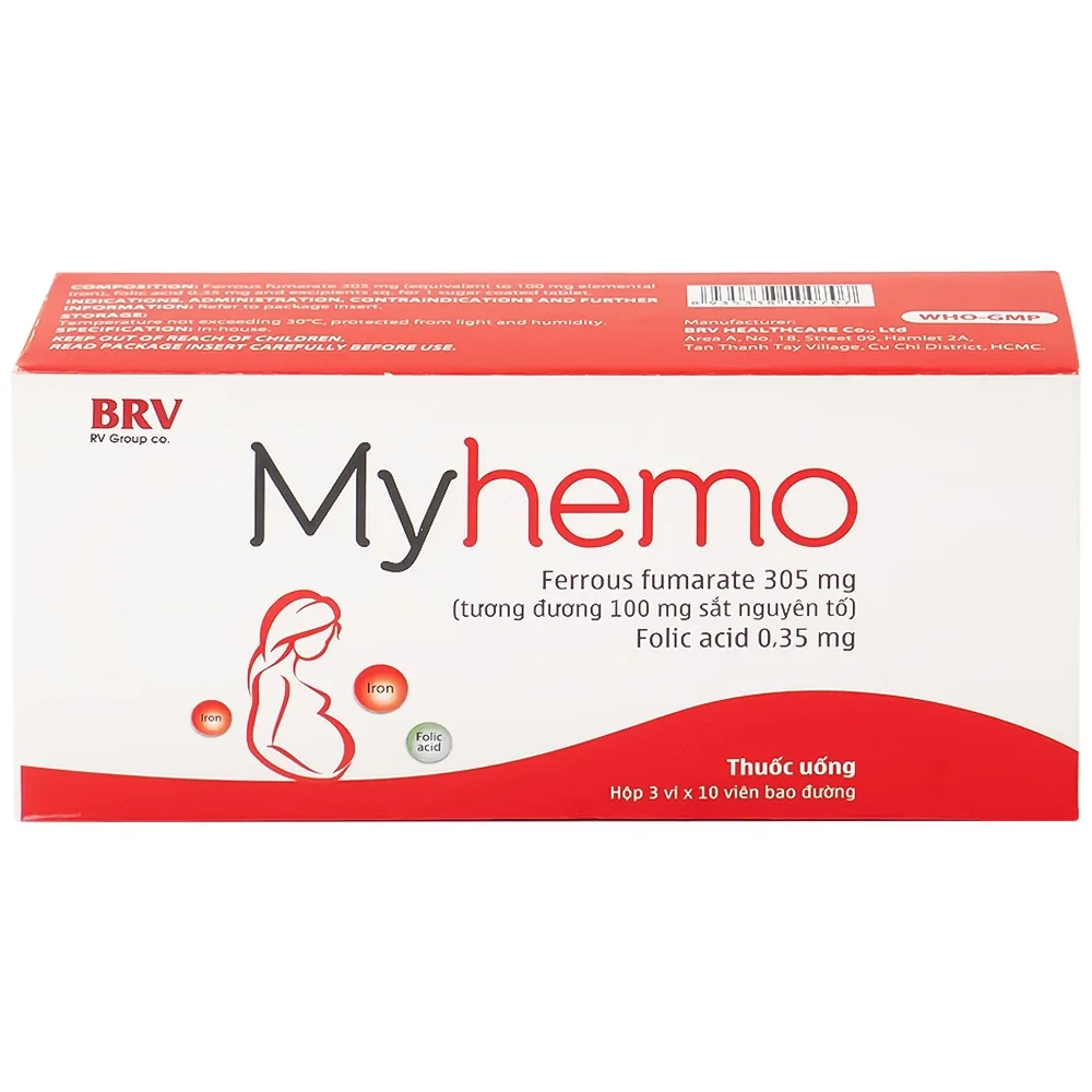 Hình ảnh Thuốc Myhemo BRV điều trị dự phòng thiếu sắt và folic acid trong khi mang thai (3 vỉ x 10 viên)