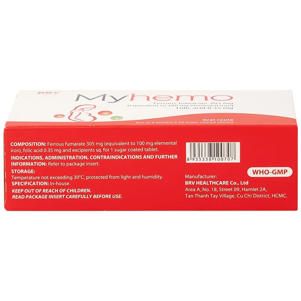 Hình ảnh Thuốc Myhemo BRV điều trị dự phòng thiếu sắt và folic acid trong khi mang thai (3 vỉ x 10 viên)
