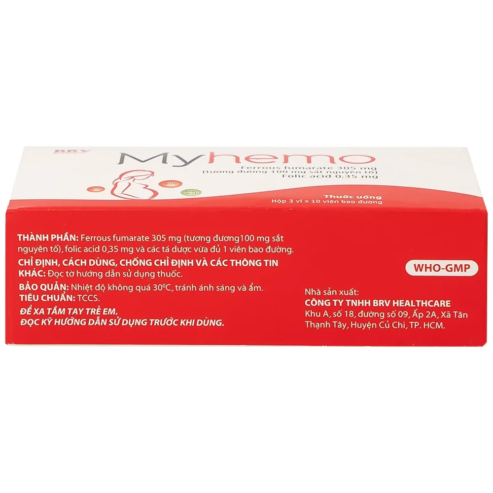 Hình ảnh Thuốc Myhemo BRV điều trị dự phòng thiếu sắt và folic acid trong khi mang thai (3 vỉ x 10 viên)
