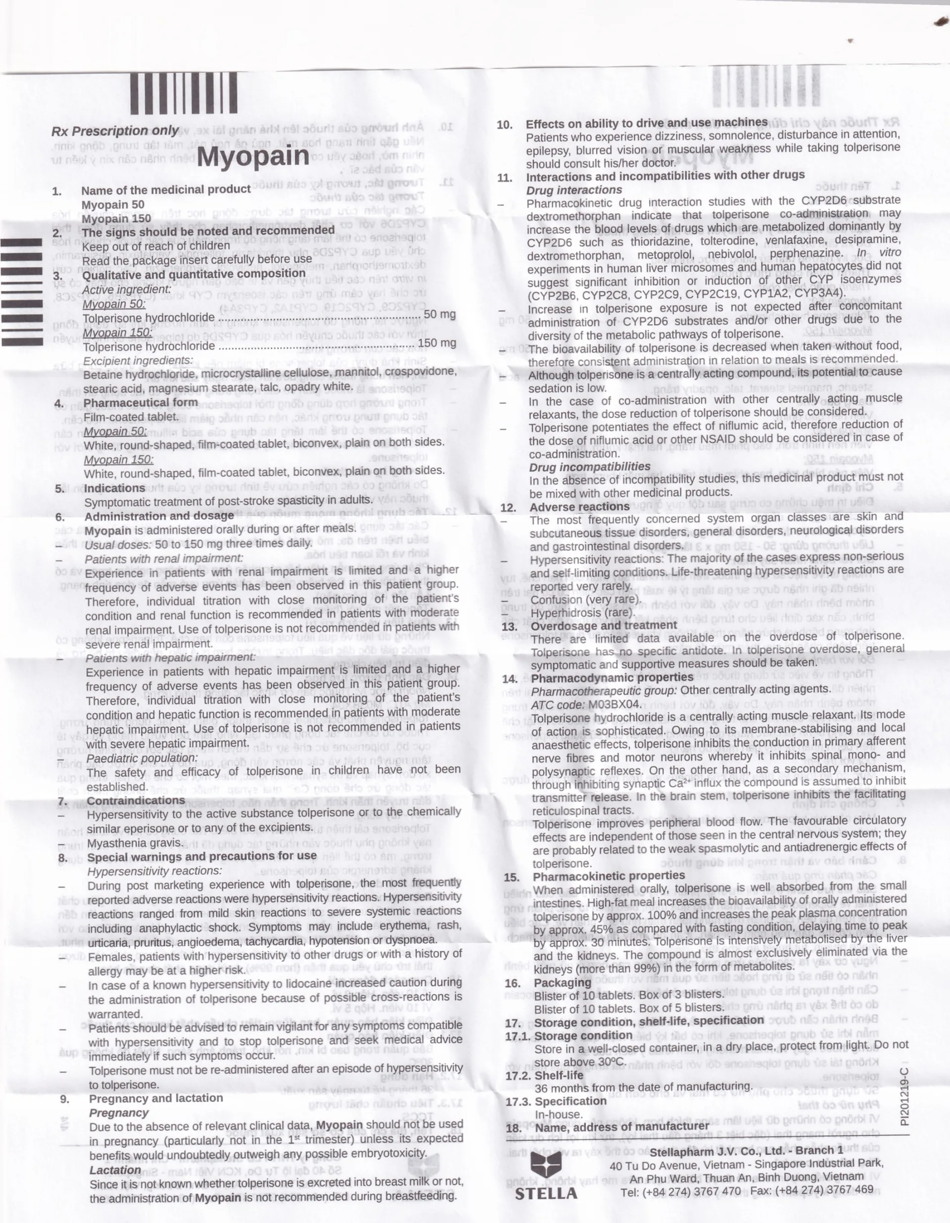 Hình ảnh Thuốc Myopain 50 Stella điều trị chứng co cứng cơ sau đột quỵ (5 vỉ x 10 viên)