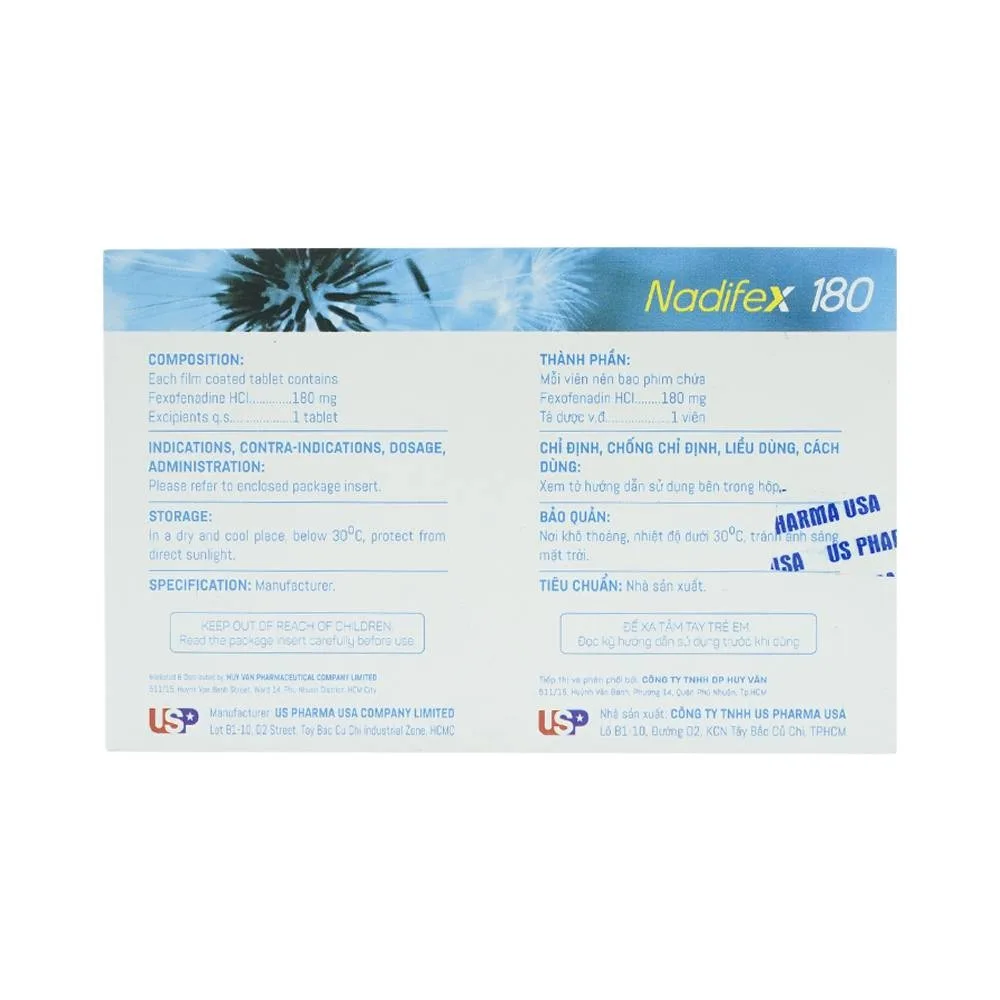Hình ảnh Viên nén Nadifex 180 USP giảm viêm mũi dị ứng, hắt hơi, chảy mũi (1 vỉ x 10 viên)
