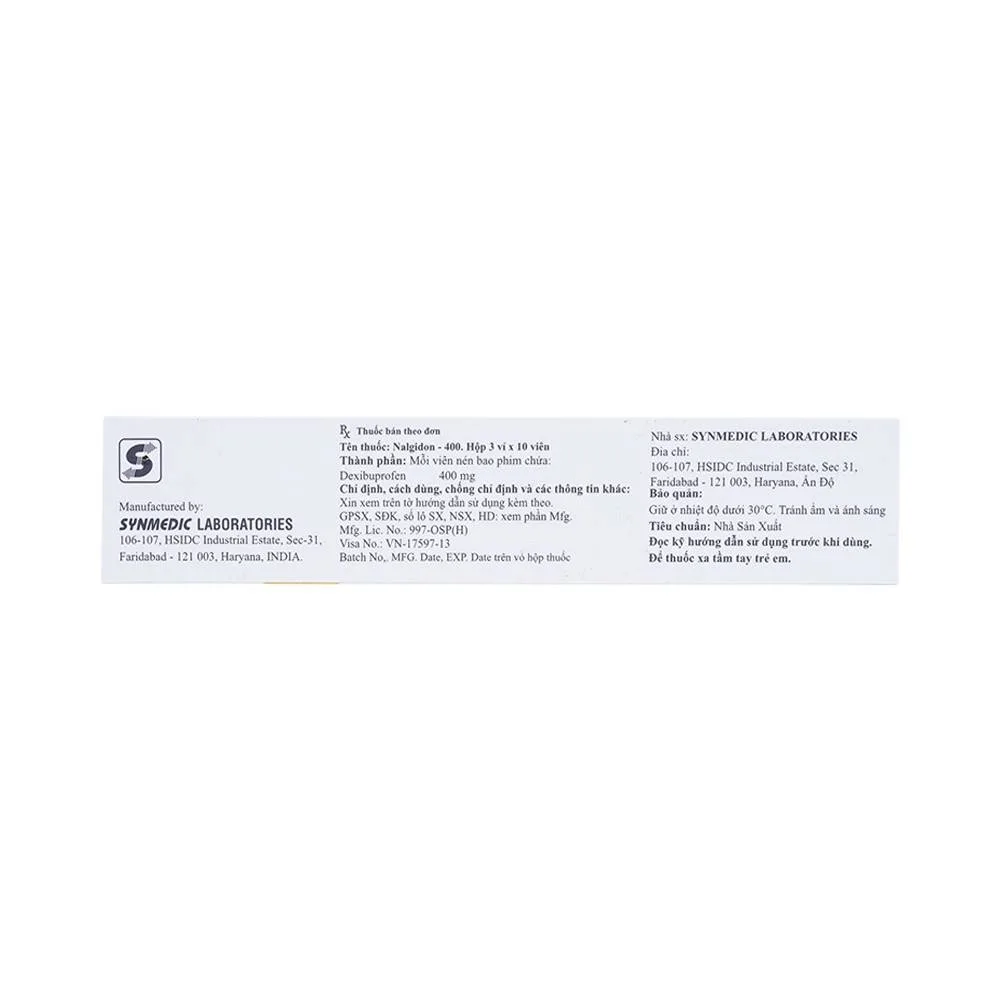 Hình ảnh Viên nén Nalgidon-400 Synmedic điều trị thống kinh, nhức đầu, đau răng (3 vỉ x 10 viên)
