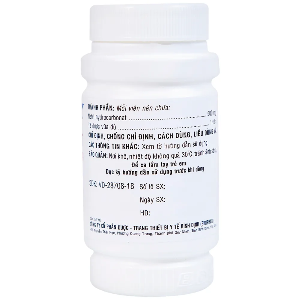Hình ảnh Thuốc Natri Bicarbonat 500mg Bidiphar điều trị nhiễm toan chuyển hóa, khó tiêu hóa, ợ nóng (160 viên)