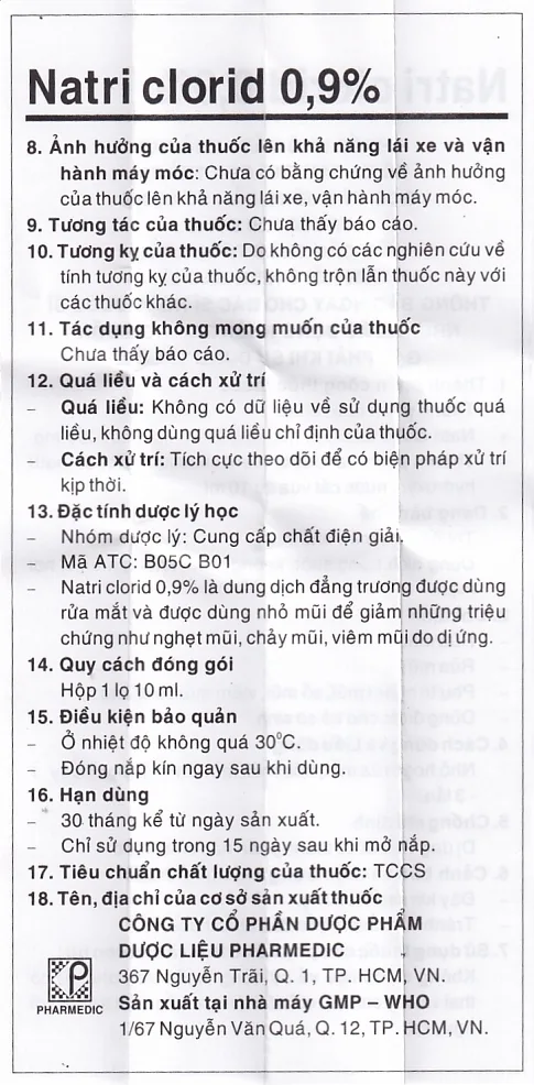 Hình ảnh Thuốc nhỏ mắt, nhỏ mũi Natri Clorid 0,9% Pharmedic hỗ trợ rửa mắt, rửa mũi, phụ trị nghẹt mũi, sổ mũi (10ml)