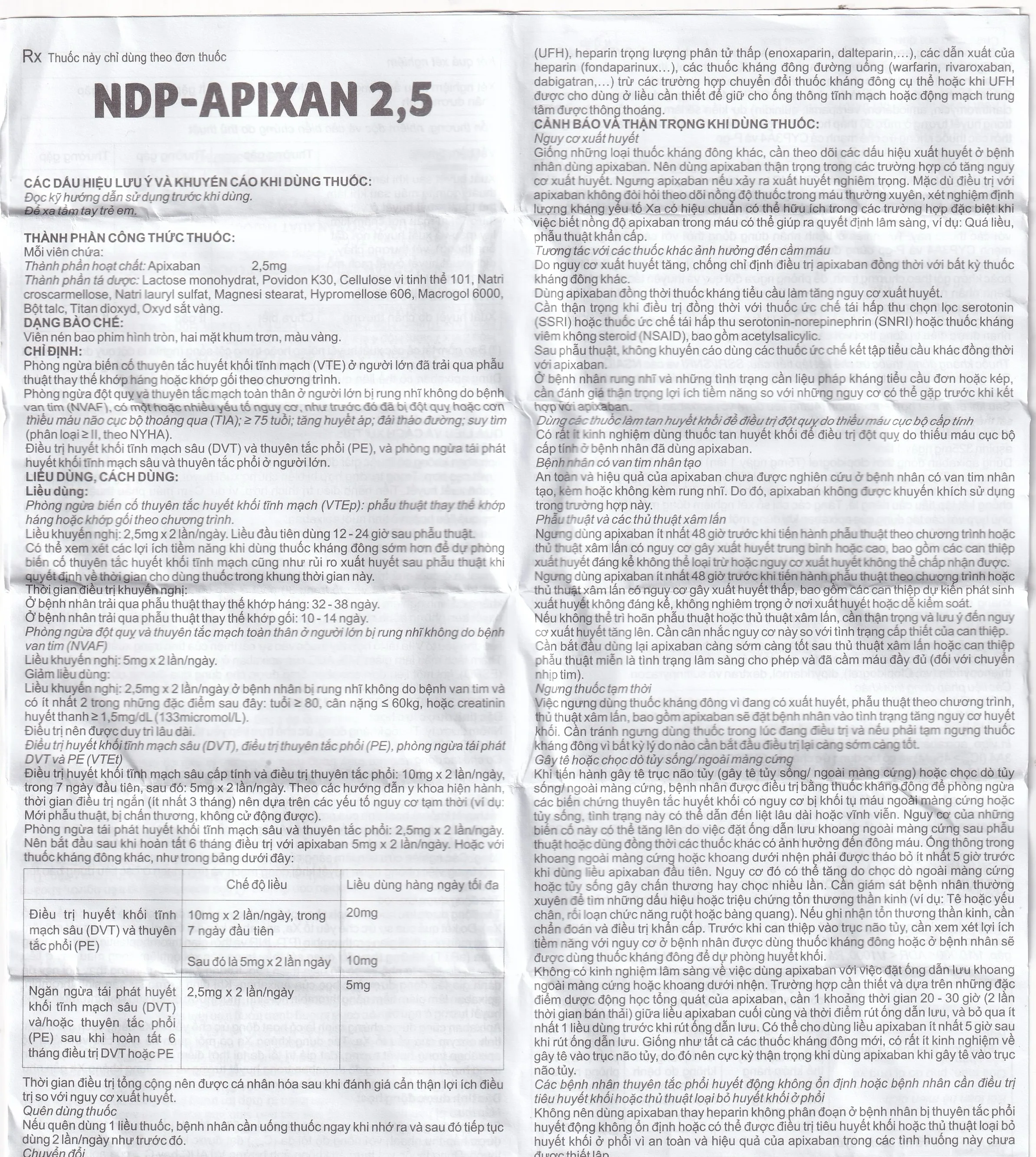Hình ảnh NDP-Apixan 2.5mg Nadyphar phòng ngừa biến cố thuyên tắc huyết khối tĩnh mạch (10 vỉ x 10 viên)