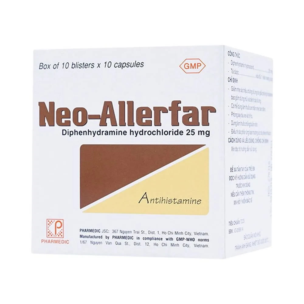 Hình ảnh Viên nang cứng Neo-Allerfar 25mg Pharmedic giảm triệu chứng dị ứng mũi, viêm da dị ứng (10 vỉ x 10 viên)