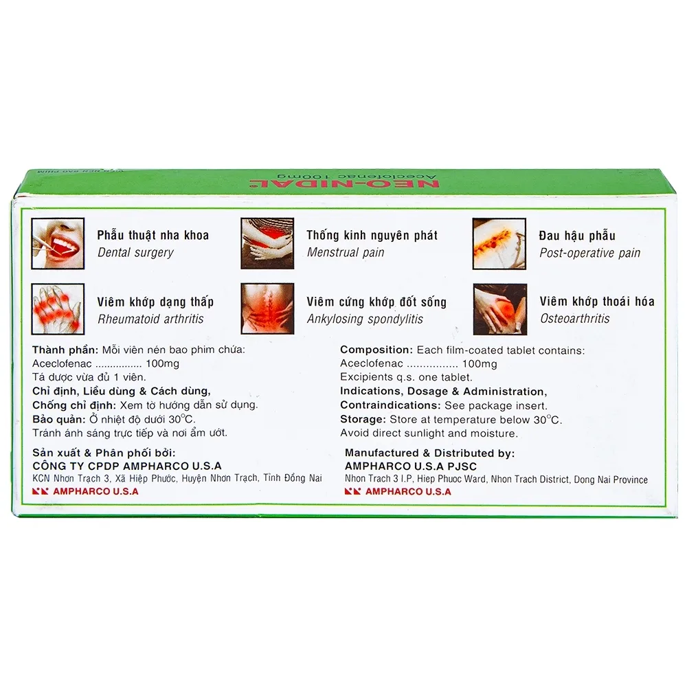 Hình ảnh Viên nén Neo-Nidal 100mg Ampharco điều trị đau sau chấn thương, phẫu thuật (3 vỉ x 10 viên) 